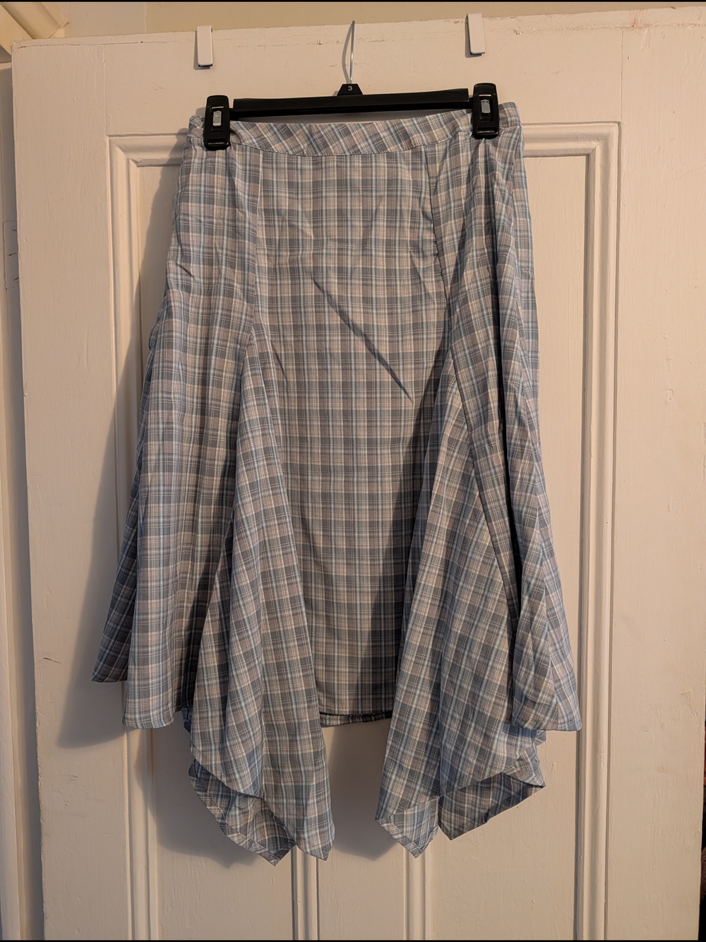 Cider Asymmetrical Plaid Skirt in Light Blue and White